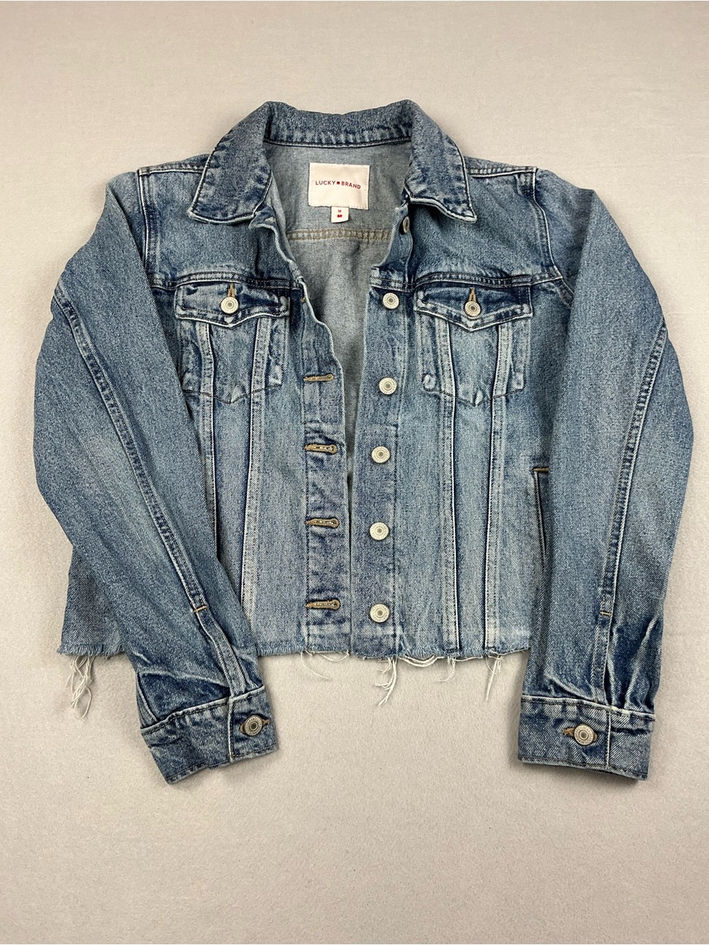 Lucky Brand Raw Hem Cropped Denim Trucker Jacket Boho Jean Medium